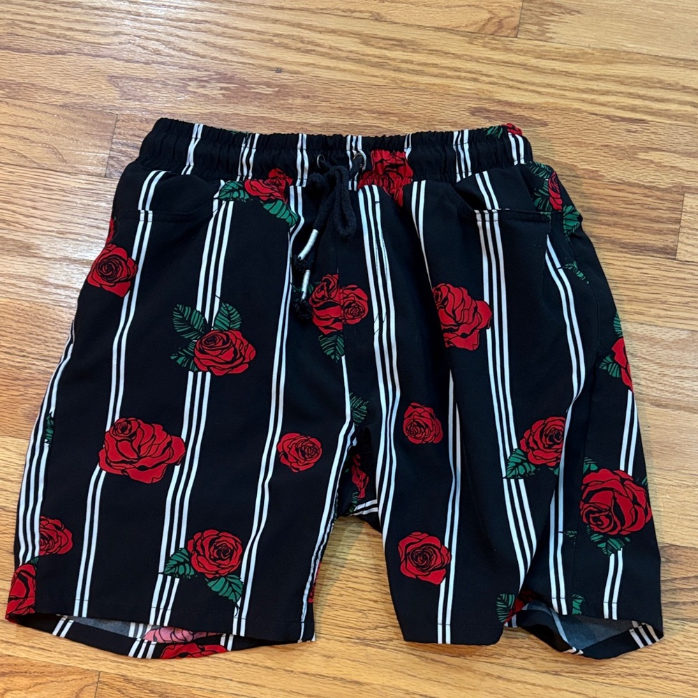 Floral Striped Kids Shorts in Black and Red